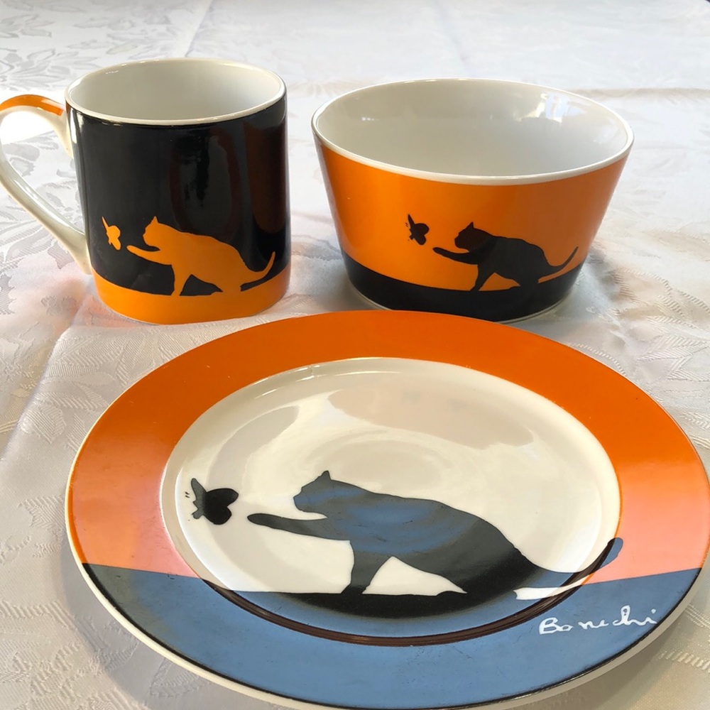 Cat Tableware Set, Three Pieces, Orange